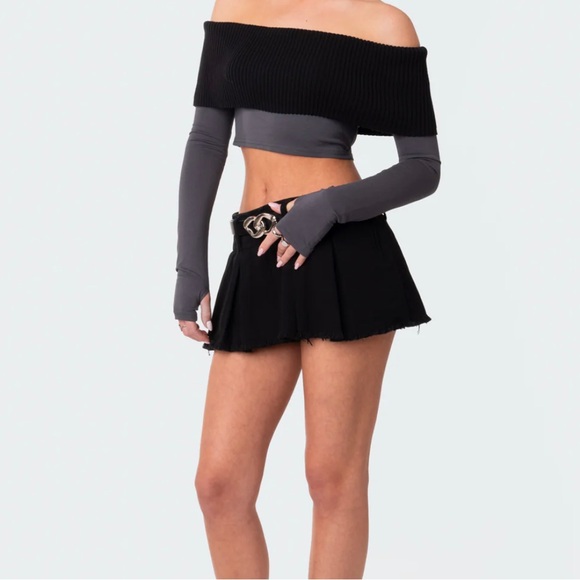 Edikted Washed Denim Pleated Micro Skort - Picture 1 of 4